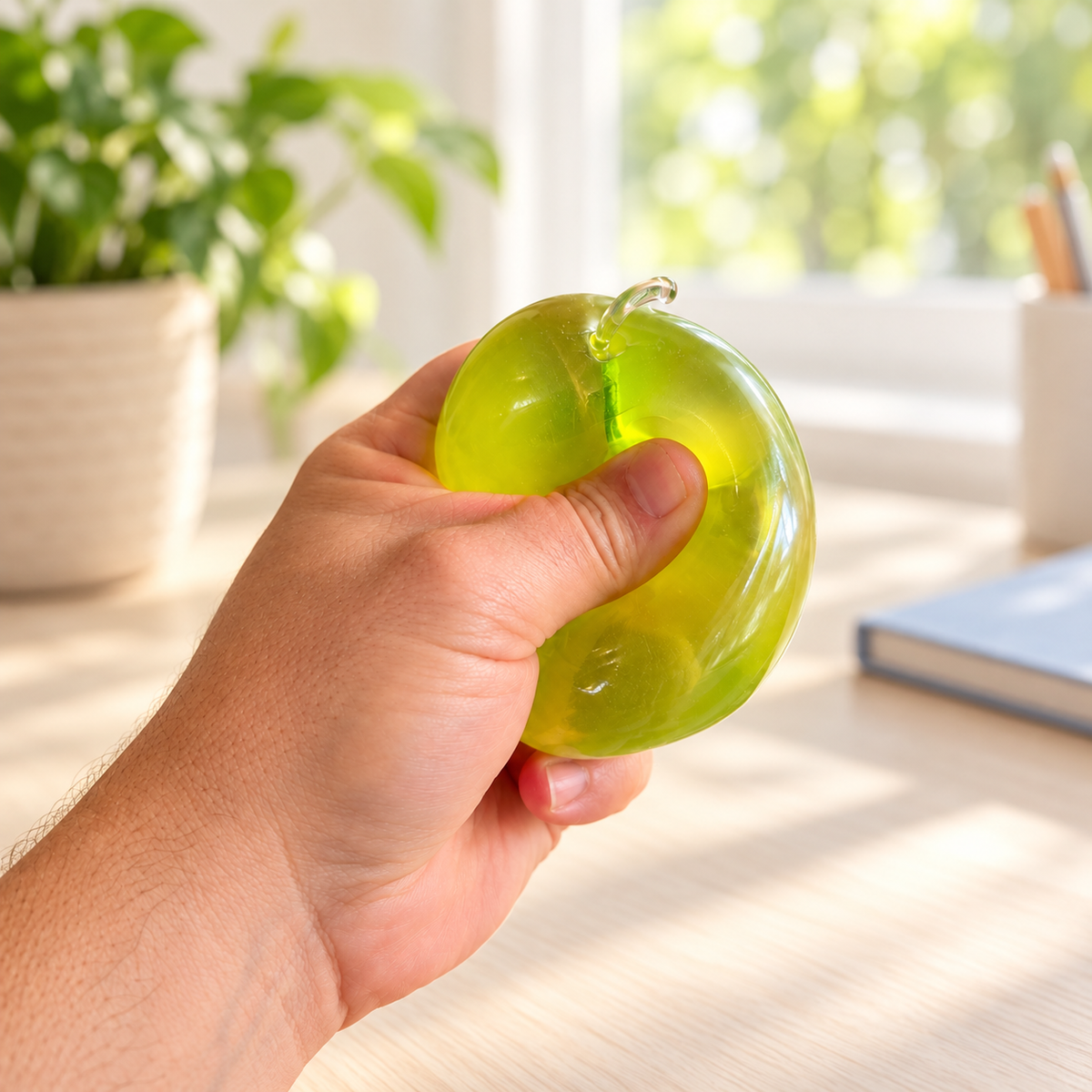 Hand squeezing a translucent Golden Apple on a light desk