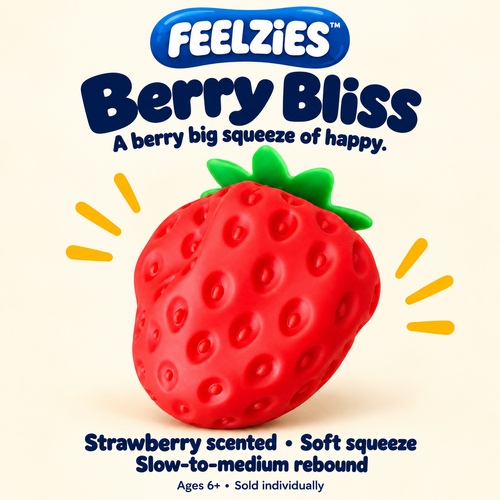 Feelzies Berry Bliss jumbo strawberry scented squishy — soft squeeze, slow-to-medium rebound, ages 6+