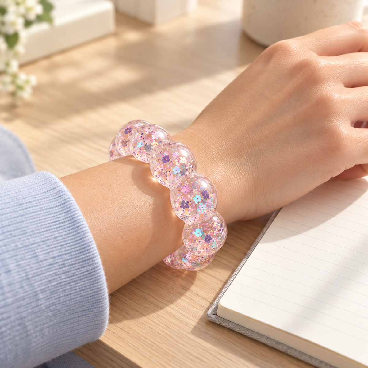 Transparent Cotton Candy Sparkle squishy bracelet worn on a wrist