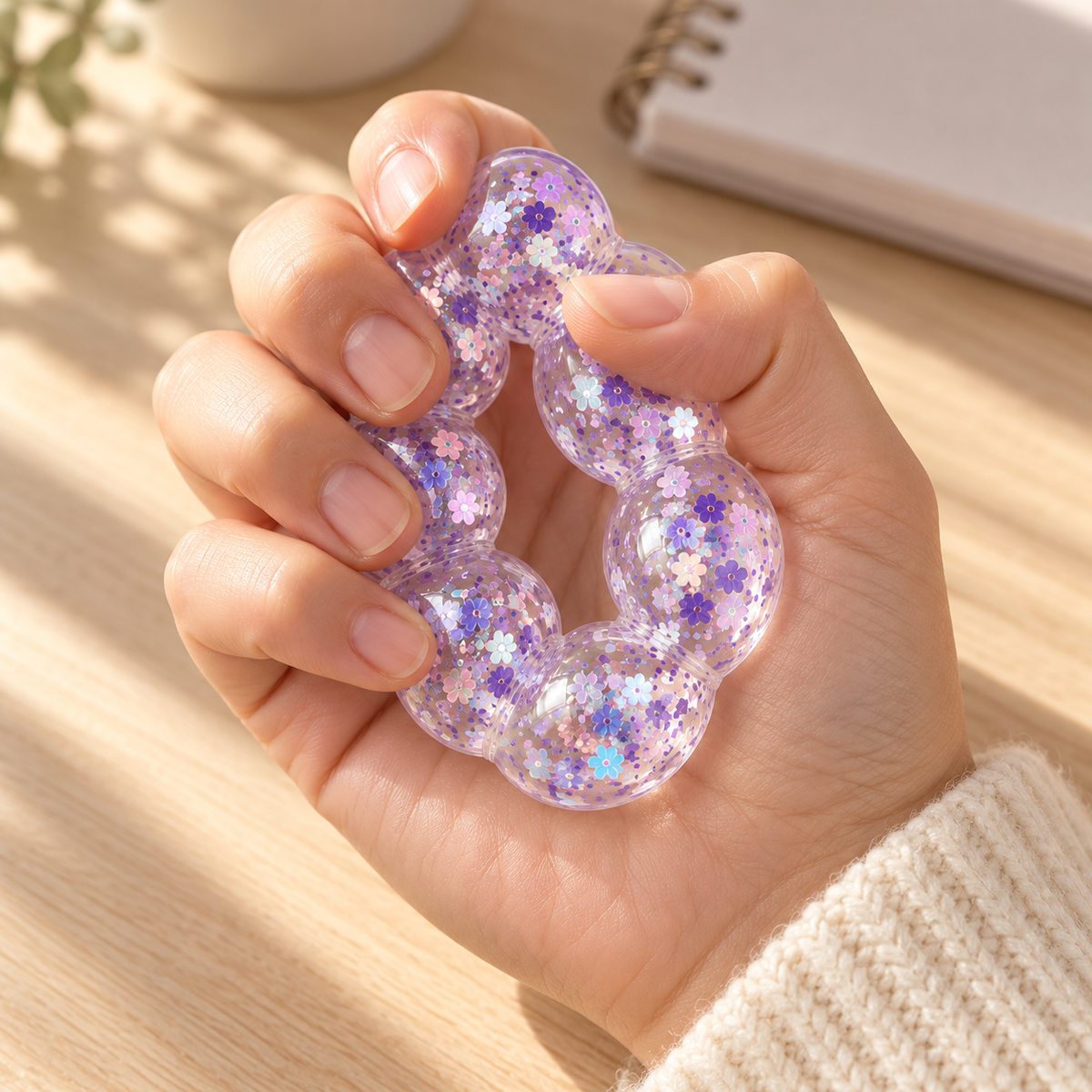 Lavender Sparkle squishy bracelet gently squeezed in hand