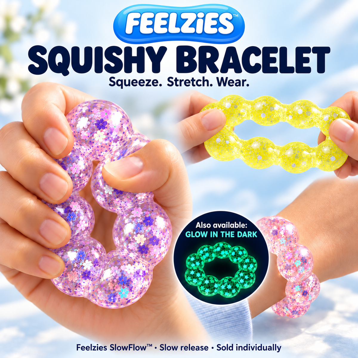Feelzies Squishy Bracelet — squeeze, stretch, wear, and optional Glow in the Dark version