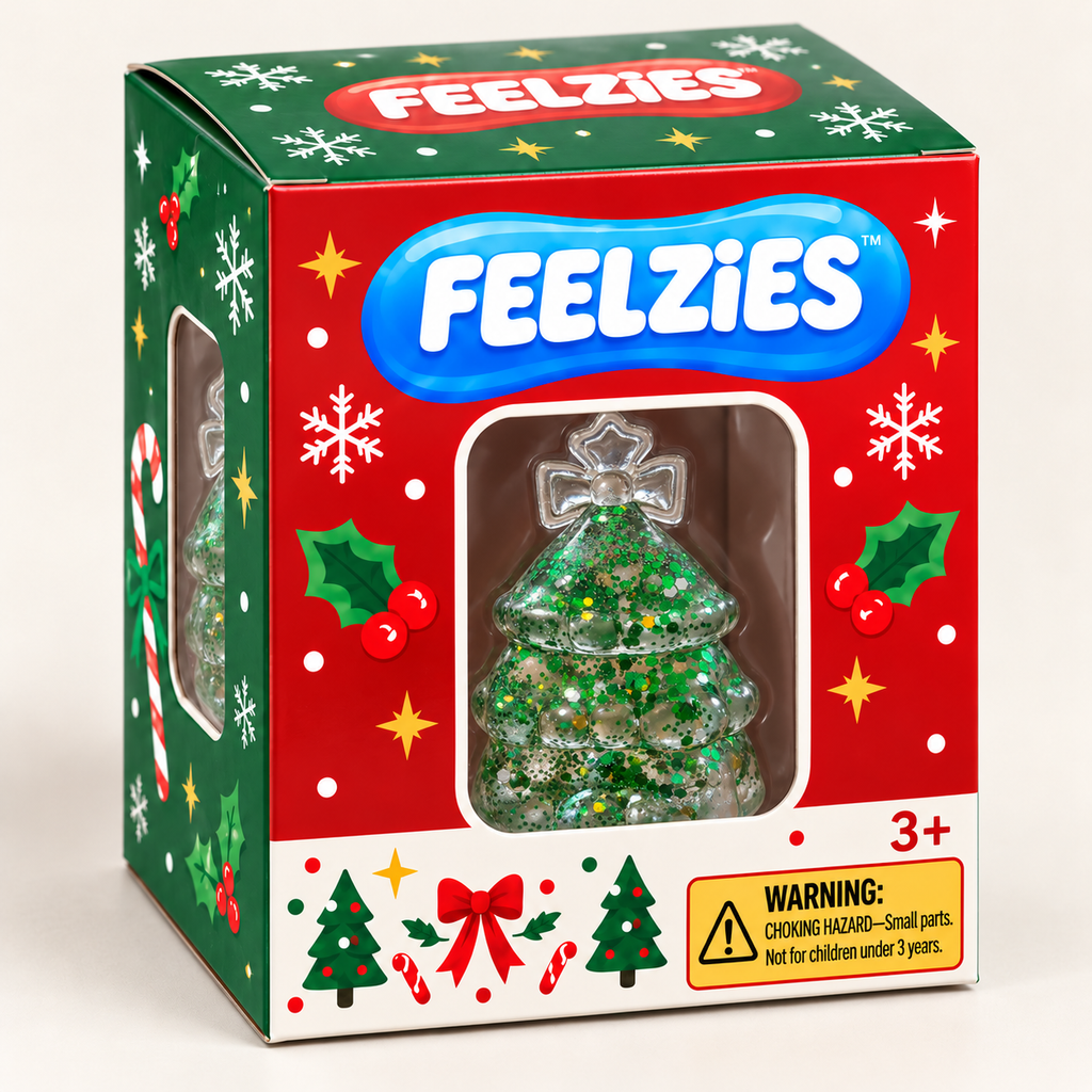 Packaging mockup: Christmas Tree Squishy in a Feelzies seasonal gift box