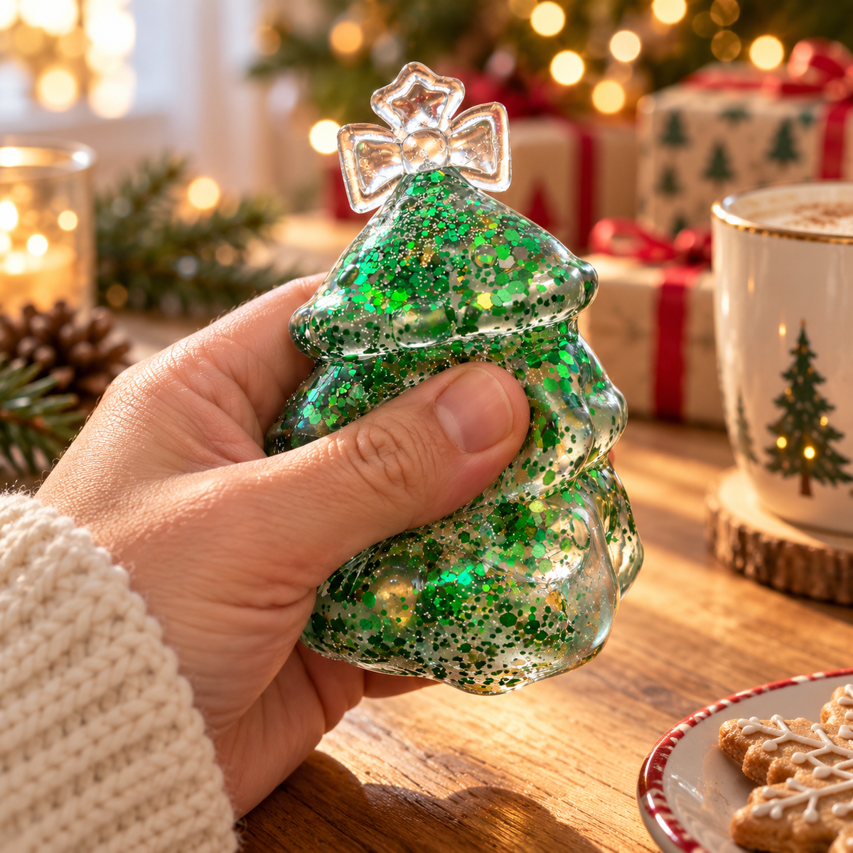 Feelzies Christmas Tree Squishy gently compressed in an adult hand