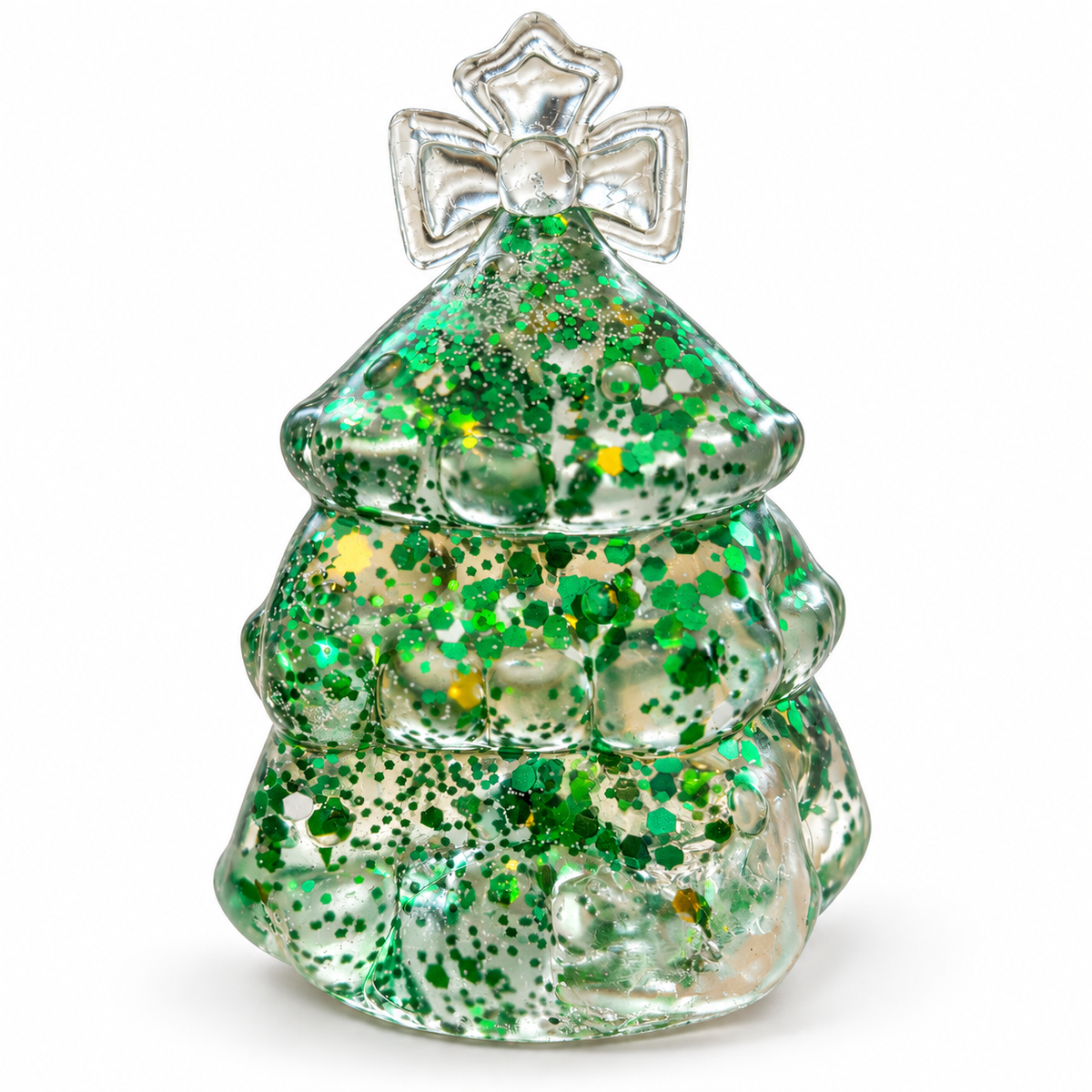 Feelzies Christmas Tree Squishy with green glitter and clear bow-and-star topper