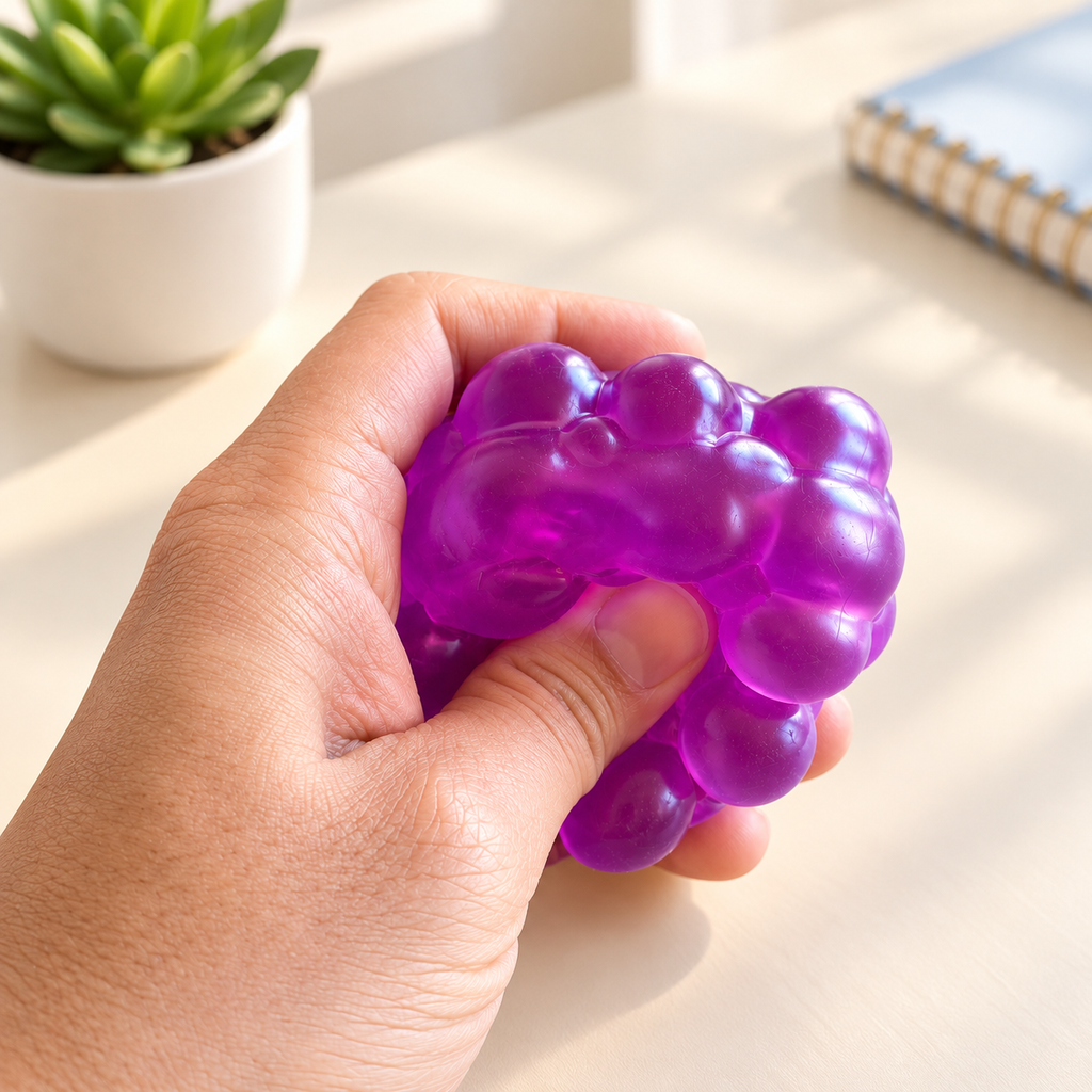 Hand squeezing a Purple Haze Bubble Cube on a light desk