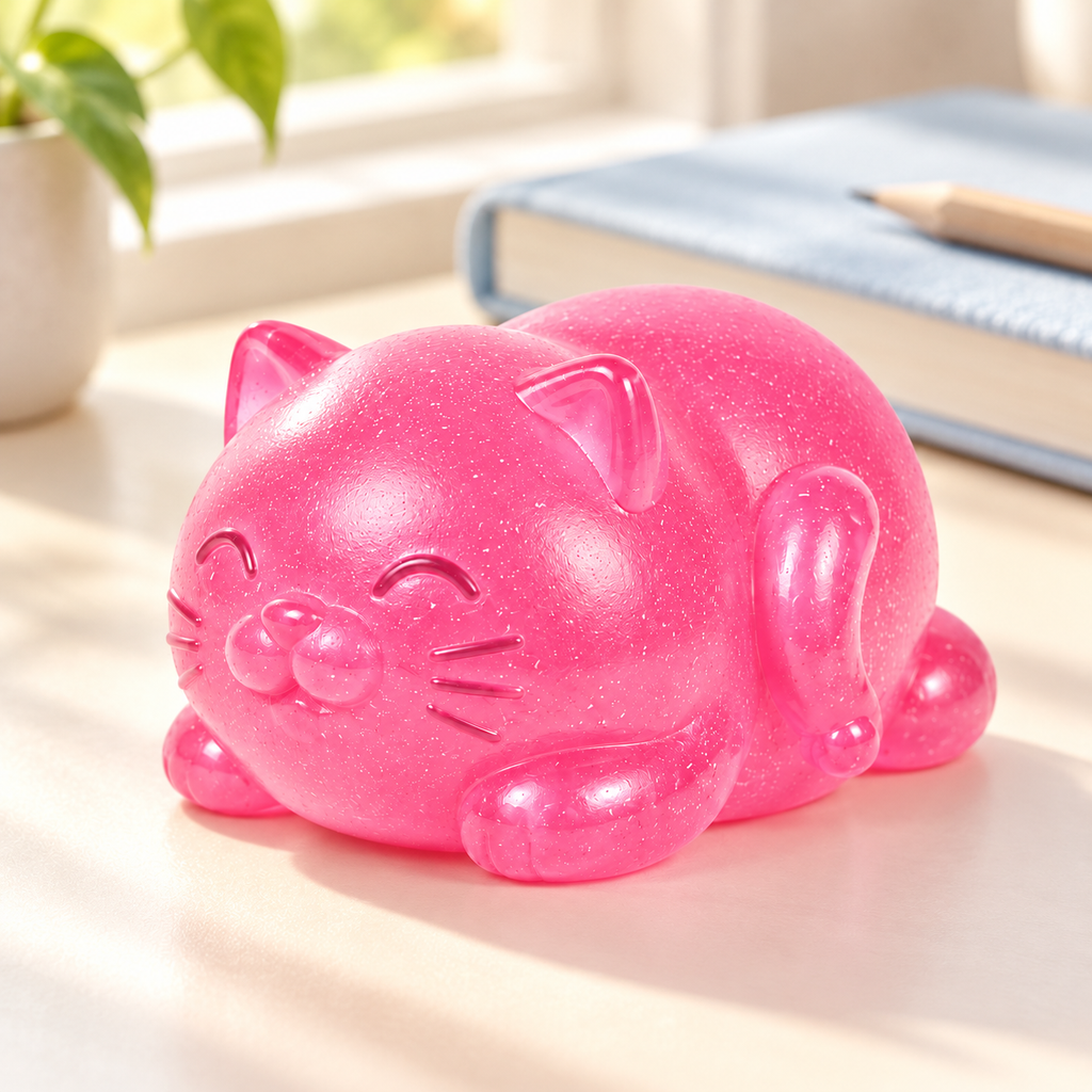 Bubblegum Glow Fat Cat squishy on a light desk beside a notebook