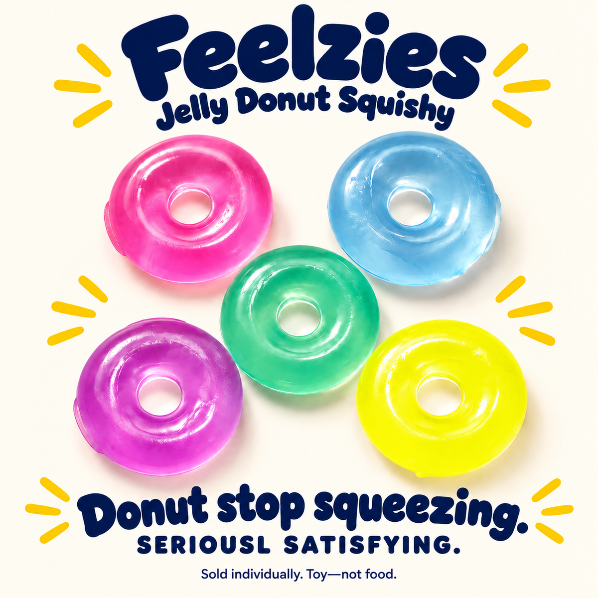Feelzies Jelly Donut Squishy in pink blue mint purple and yellow