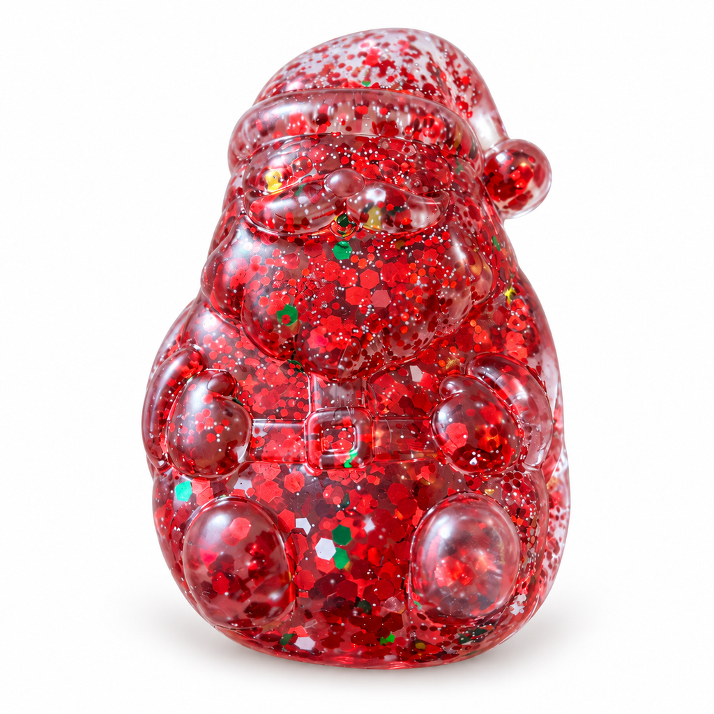 Feelzies Santa Claus Christmas Squishy — clear SlowFlow body with red glitter and holiday confetti
