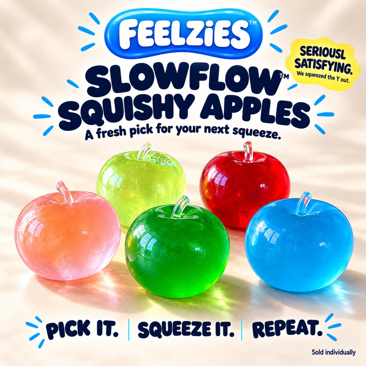 Feelzies SlowFlow Squishy Apples in five translucent colors — a fresh pick for your next squeeze