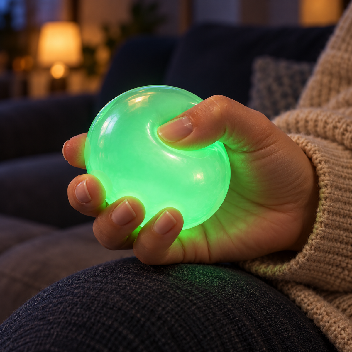 Feelzies Squish Putty Coconut Oil Ball glowing green while gently squeezed in a dim room