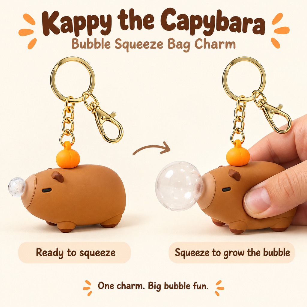 Kappy the Capybara bubble squeeze bag charm shown before and during a squeeze, with the attached clear bubble expanding.