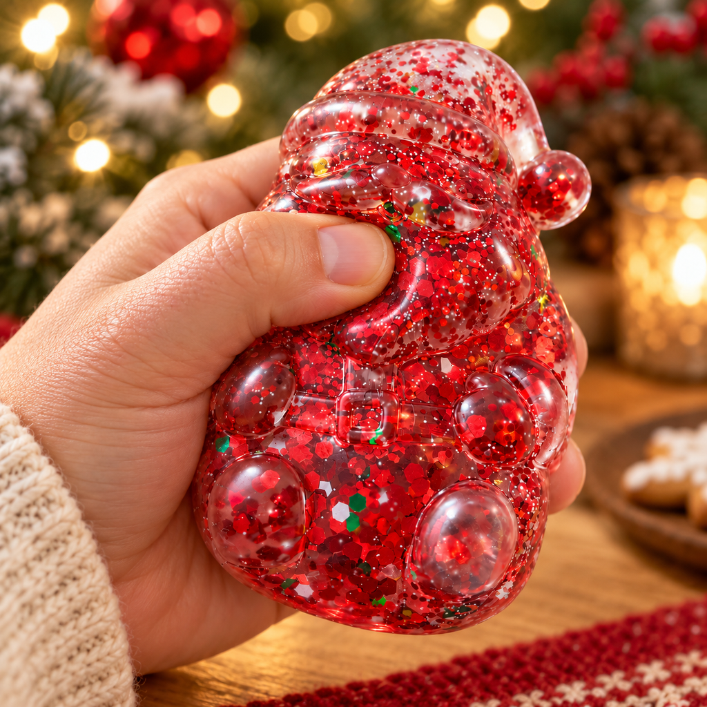 Feelzies Santa Christmas Squishy being squeezed in an adult hand