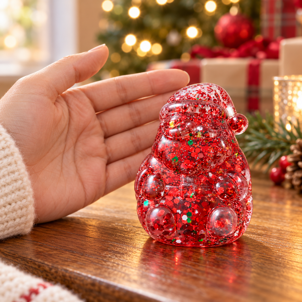 Feelzies Santa Christmas Squishy beside an adult hand for scale