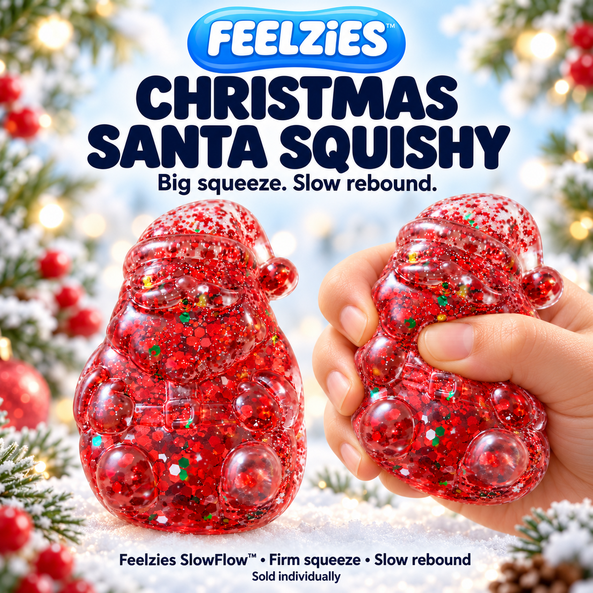 Feelzies Christmas Santa Squishy — original blue and white logo, firm squeeze and slow rebound